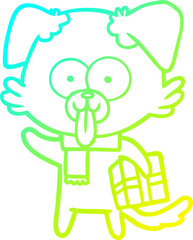 cold gradient line drawing of a cartoon dog with christmas present