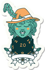 sticker of a half orc bard with natural 20 dice roll