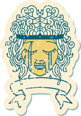 Retro Tattoo Style crying orc barbarian character face with banner