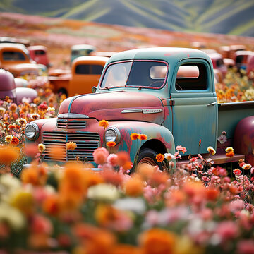 Retro Journey: Classic Car Amidst a Pastel Floral Landscape
