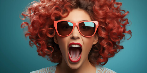 Lustige junge Frau mit roten Locken und Brille im Querformat für Banner, ai generativ - obrazy, fototapety, plakaty