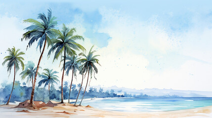 An illustration with palm trees on a beach in watercolor, clipart style