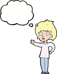 cartoon happy woman with thought bubble