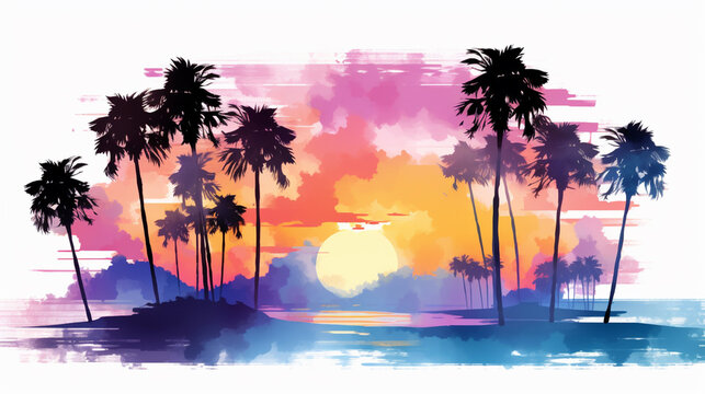 An illustration with palm trees on a beach in watercolor, clipart style