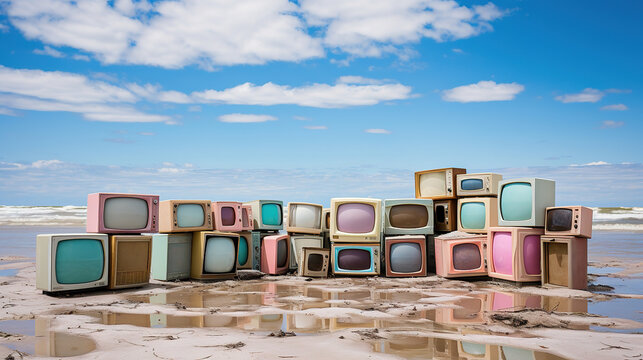 Seaside Nostalgia: Old TVs with Pastel Displays by the Shore