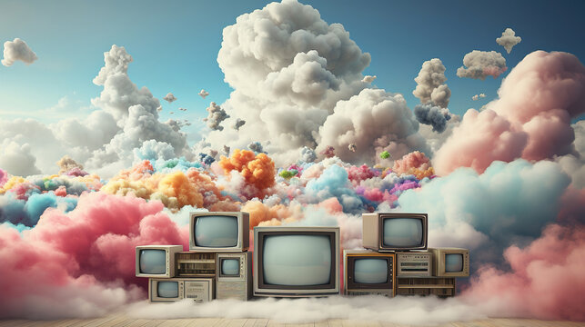 Television Dreams: A Vintage Collection Amidst Vibrant Cloudscapes