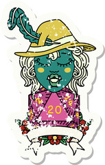 Retro Tattoo Style half orc bard with natural 20 dice roll