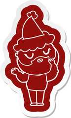 quirky cartoon  sticker of a man with beard wearing santa hat
