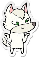 distressed sticker of a friendly cartoon wolf