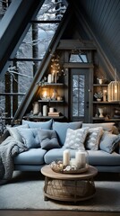 Sunset in the mountains. AI generated art illustration. 