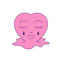 Y2k pink crying heart with tears drops puddle comic cartoon character groovy icon vector flat