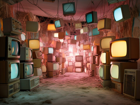 Girly Pastel Pink Retreat: Vintage TVs Adorning a Charming Room