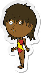sticker of a cartoon woman in swimsuit shrugging shoulders