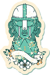 Retro Tattoo Style crying orc fighter character face with natural one d20 roll