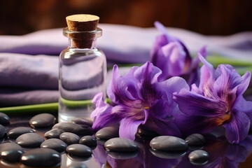 Spa composition with iris essential oil, zen stones and towels