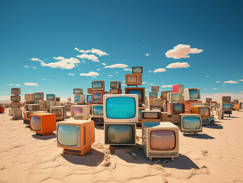 Retro Mirages: Pastel-Colored TVs Scattered Across the Desert