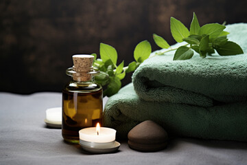 Obraz na płótnie Canvas Spa composition with mint essential oil, candles and towels