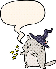 magical amazing cartoon cat wizard with speech bubble in comic book style