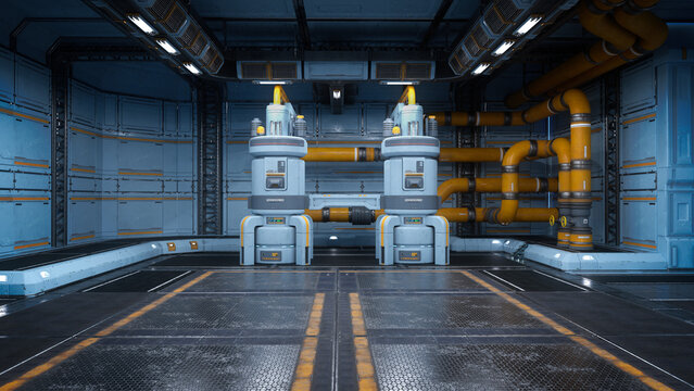 Large futuristic sci-fi space station hangar interior. 3D illustration.