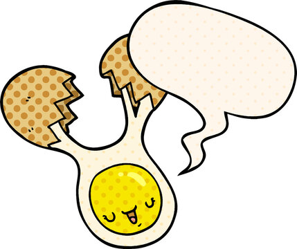 cartoon cracked egg with speech bubble in comic book style