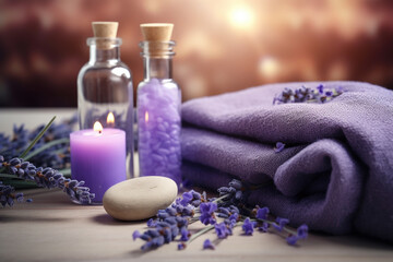 Fototapeta na wymiar Spa composition with lavender essential oil, candles and towels