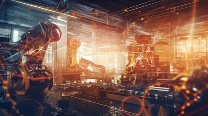 Double exposure photograph of a futuristic factory's mechanized industry. Robotics technology...