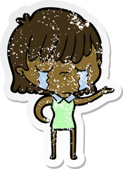 distressed sticker of a cartoon woman crying