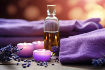 Obraz na płótnie Canvas Spa composition with lavender essential oil, candles and towels
