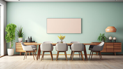 Minimalist Elegance: Dining Room with Modern Table and Pastel Green Walls