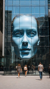 Digital Facade: TV Screen Featuring a Virtual Woman's Portrait
