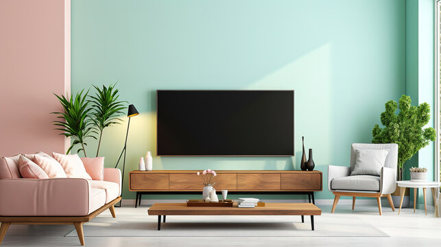 Minimalistic style Living Room with TV on Pastel Green walls