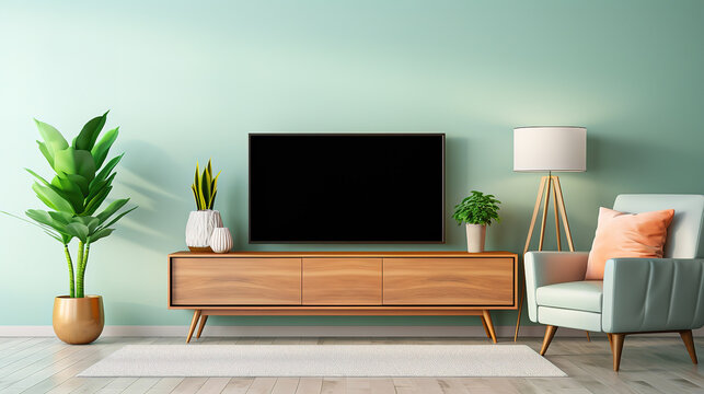 Cozy minimalistic style Living Room with TV on Pastel Green walls