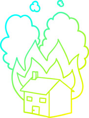 cold gradient line drawing of a cartoon burning house