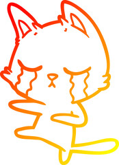 warm gradient line drawing of a crying cartoon cat dancing