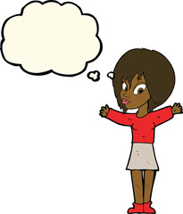 cartoon woman with open arms with thought bubble