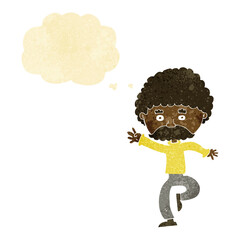 cartoon mustache man disco dancing with thought bubble