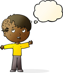 cartoon boy with growth on head with thought bubble