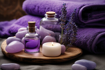 Obraz na płótnie Canvas Spa composition with lavender essential oil, candles and towels