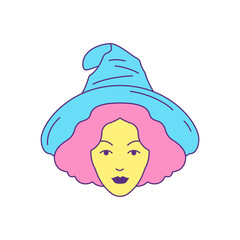 Y2k woman witch Halloween sorceress in hat portrait cartoon groovy style icon vector flat