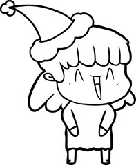 hand drawn line drawing of a woman wearing santa hat