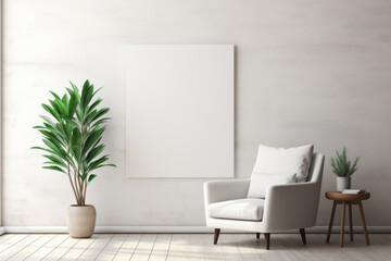 Living room with white armchair in Scandinavian interior design with empty wooden photo frame on light wall. Mock up template copy space for text