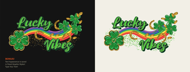 Horizontal St Patricks Day label with rainbow wave, luck 4 four leaves clover, flying golden coins, horseshoe, text. For prints, clothing, t shirt design Text editable graphic style included