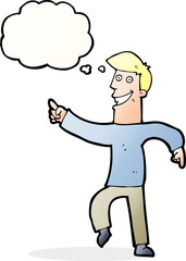 cartoon grinning man with thought bubble