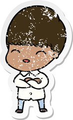 distressed sticker of a happy cartoon boy
