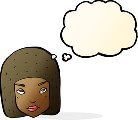 cartoon annoyed female face with thought bubble