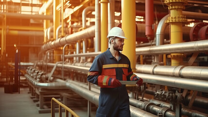 Male worker inspects steel pipes in oil refinery - obrazy, fototapety, plakaty