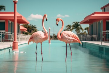 Pink flamingos swim alongside a resort, generative ai