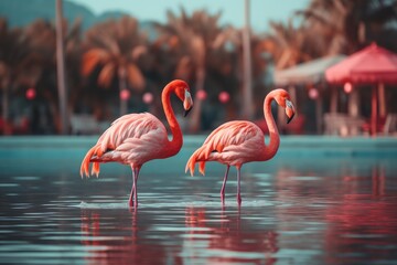 Fototapeta premium Pink flamingos swim alongside a resort, generative ai