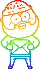 rainbow gradient line drawing of a cartoon surprised bearded man holding letter
