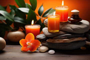 Fototapeta na wymiar Spa composition with orange essential oil, candles and towels